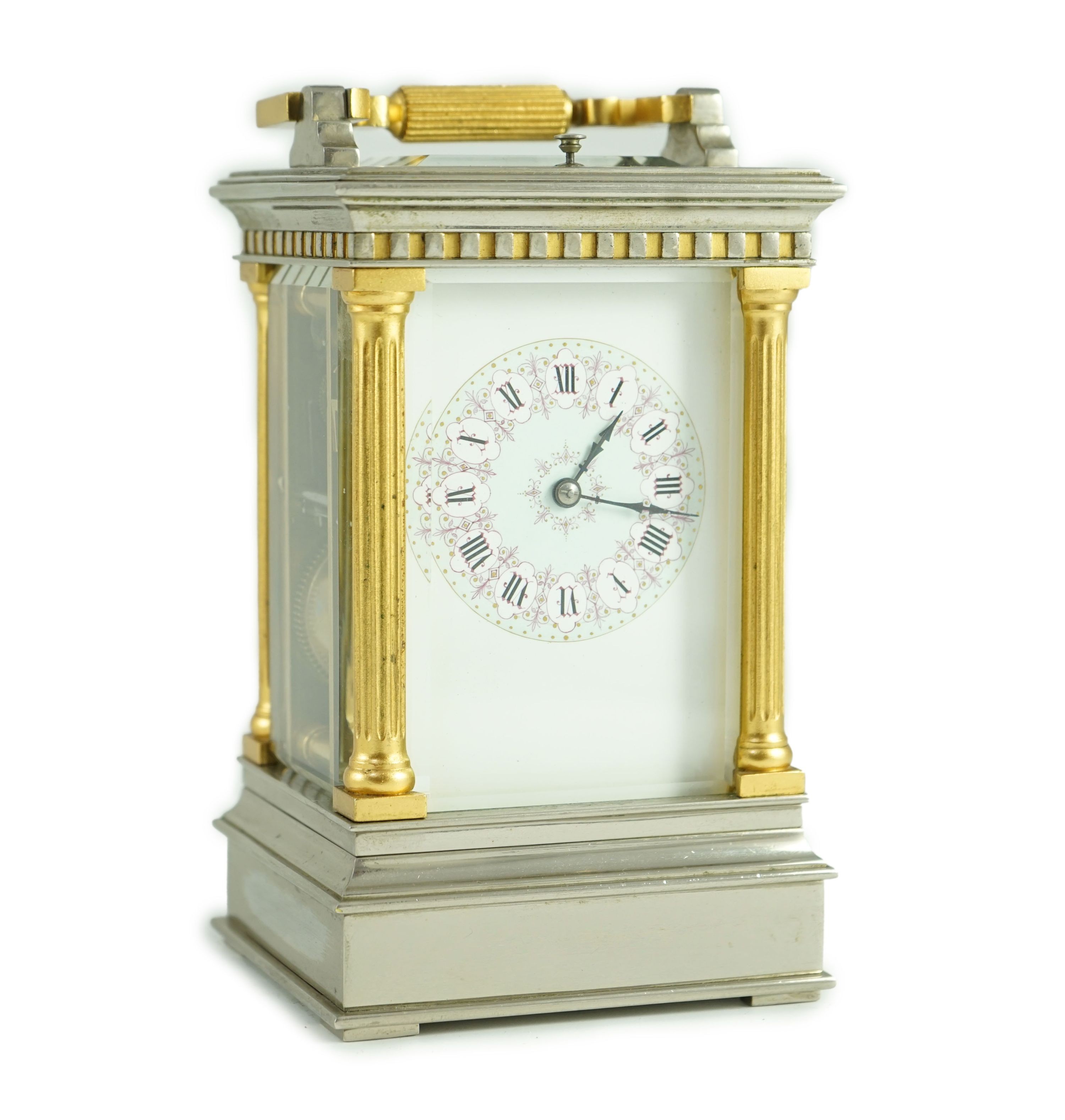 A late 19th century French hour repeating silvered and gilt brass carriage clock, width 10cm, depth 9cm, height 17.5cm